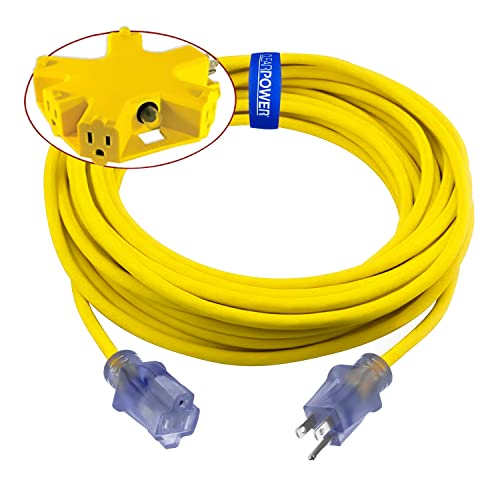 Clear Power 50 ft 12/3 SJTW Heavy Duty Outdoor Extension Cord, Power Indicator Light, with 5 Outlet Adapter Combo, Yellow, 3 Prong Grounded Plug, CPCO90002