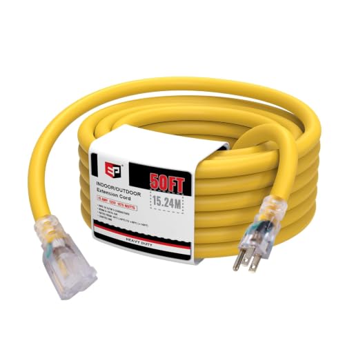 EP 50 Ft Lighted Outdoor Extension Cord - 10/3 SJTW Heavy Duty Yellow Extension Cable with 3 Prong Grounded Plug for Safety, UL Listed