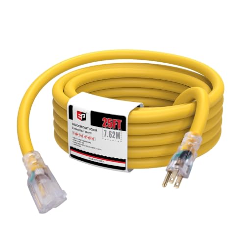 EP 25 Ft Lighted Outdoor Extension Cord - 10/3 SJTW Heavy Duty Yellow Extension Cable with 3 Prong Grounded Plug for Safety, UL Listed