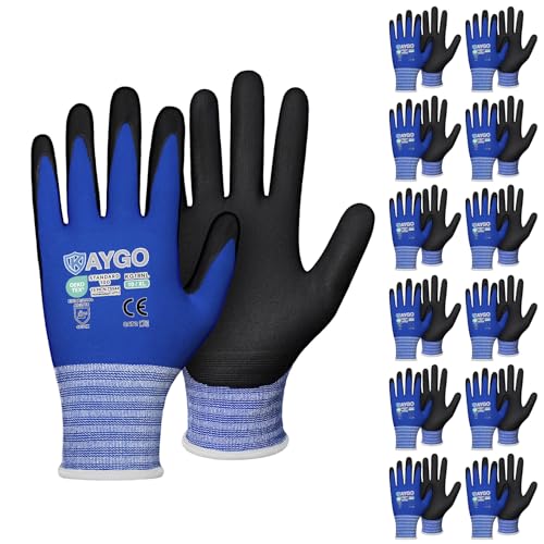 Safety Work Gloves MicroFoam Nitrile Coated-12 Pairs,KAYGO KG18NB,Seamless Knit Nylon Glove with Black Micro-Foam Nitrile Grip,Ideal for General Purpose,Automotive,Home Improvement,Blue