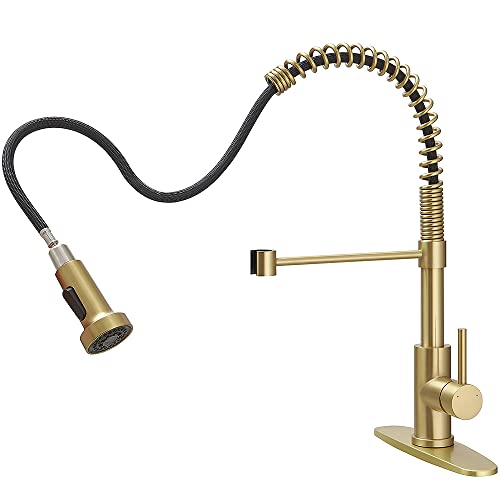OWOFAN Kitchen Faucet, Kitchen Faucets with Pull Down Sprayer Sus304 Stainless Steel Industrial Single Handle One Hole Faucet for Farmhouse Camper Laundry Utility Rv Wet Bar Sinks Bushed Gold 9009J