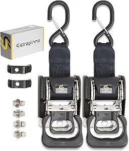 Strapinno 2PCS Stainless Steel Retractable Ratchet Straps (1 7/8 in x 4 ft) Transom Tie-Downs for Boat Trailer - Extra Mounting Brackets & Bolt Set, Safety Latch S-Hook, Break Strength 1,650LB/750KG