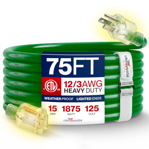 75ft Outdoor/Indoor Extension Cord 12/3 by LifeSupplyUSA