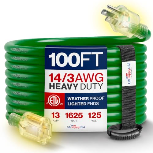 100ft Outdoor/Indoor Extension Cord 14/3 Gauge Heavy Duty 3 Prong SJTW, Waterproof, ETL Listed, Flexible Cold-Resistant Long Power Cord,13A 125V 1625W, Green by LifeSupplyUSA