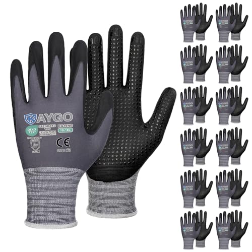 KAYGO MicroFoam Nitrile Coated Work Gloves, 12 Pairs KG19N Seamless Knit Nylon, Micro Dots for Enhanced Grip, Breathable and Durable, Ideal for Automotive, General Assembly, Painting, Gray, XL