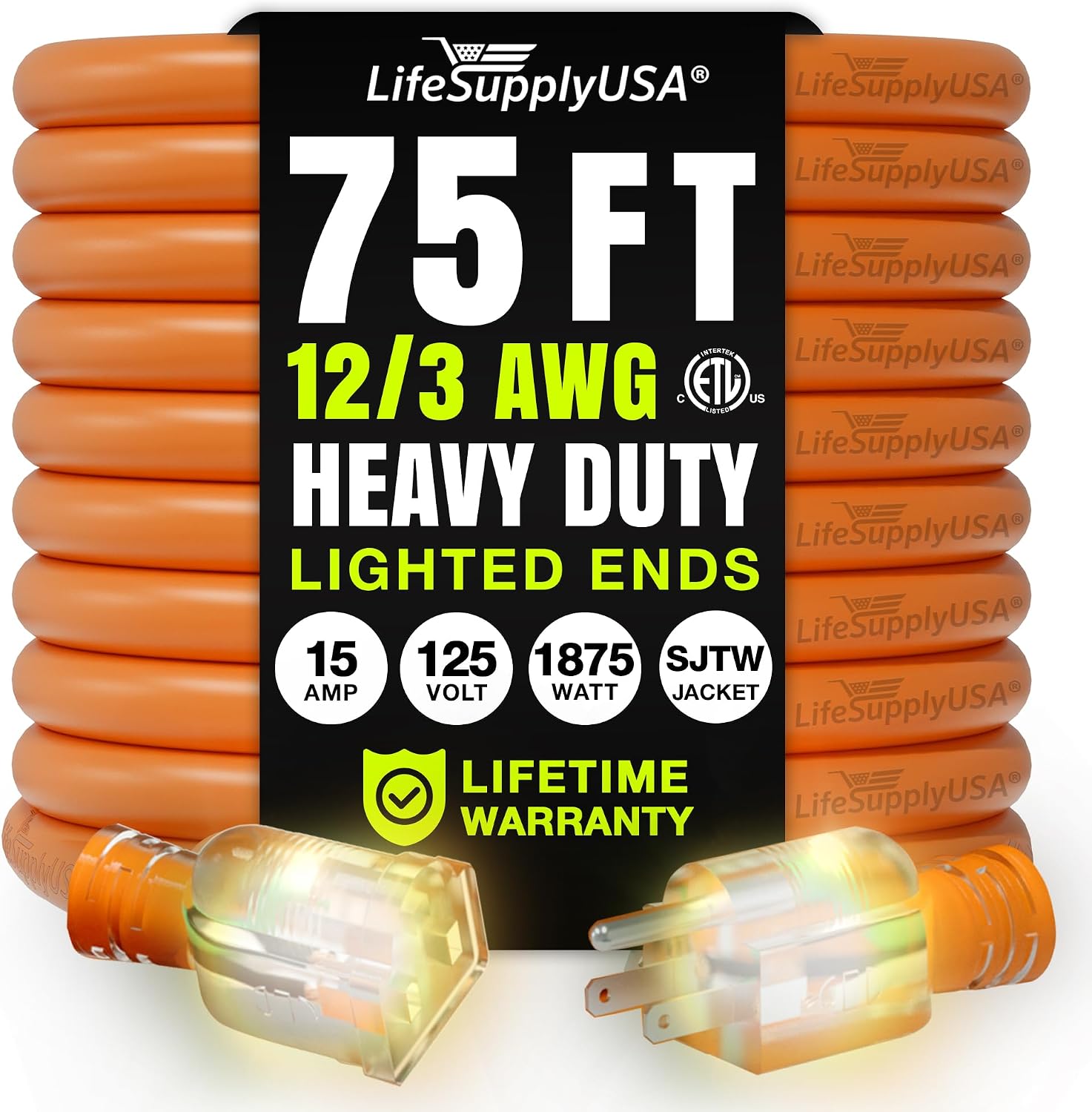 LifeSupplyUSA 75ft 12/3 Extra Heavy Duty