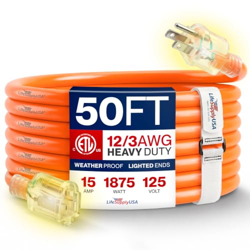 50ft Outdoor/Indoor Extension Cord 12/3 Gauge Extra Heavy Duty