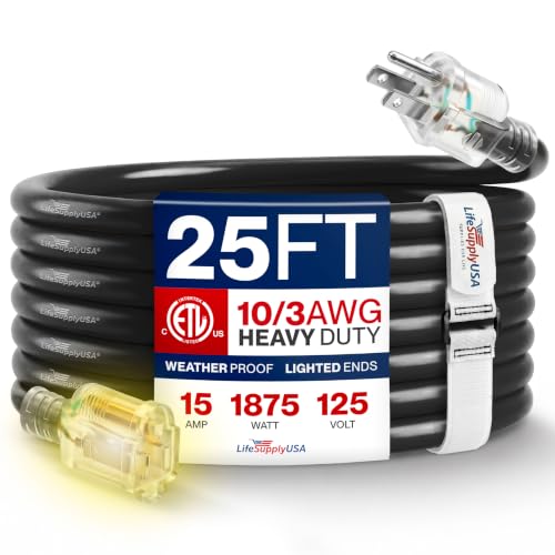 LifeSupplyUSA 25ft 10/3 SJTW (Black)