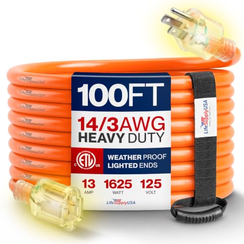 100ft Outdoor/Indoor Extension Cord 14/3 Gauge Heavy Duty 3 Prong SJTW, Waterproof, ETL Listed, Flexible Cold-Resistant Long Power Cord,13A 125V 1625W, Orange by LifeSupplyUSA