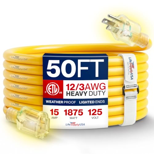 50ft Outdoor/Indoor Extension Cord 12/3 Gauge Extra Heavy Duty 3 Prong SJTW, Waterproof, ETL Listed, Flexible Cold-Resistant Long Power Cord,15A 125V 1875W, Yellow by LifeSupplyUSA