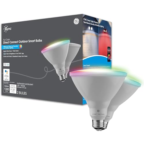 GE CYNC Smart LED PAR38 Flood Light Bulb - WiFi & Bluetooth Color Changing RGB Outdoor Light Bulbs - 90W Equivalent, Compatible with Alexa & Google Home - Dimmable, Long Lasting, Tuneable - Pack of 2