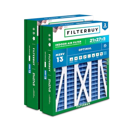 Filterbuy 21x27x5 Air Filter MERV 13 Optimal Smoke & Allergy Defense (2-Pack), Pleated HVAC AC Furnace Filters for Trane Perfect Fit & American Standard (Actual Size: 20.56 x 26.13 x 4.97)