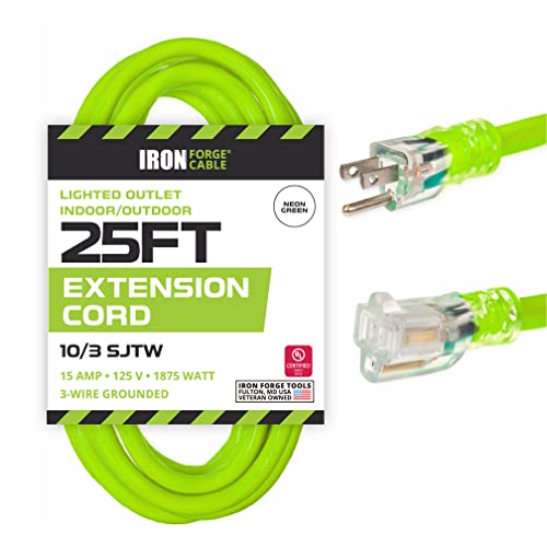 Iron Forge Cable 10 Gauge Extension Cord 25 ft, 10/3 Heavy Duty Extension Cord 25 Foot 3 Prong Lighted End, SJTW Weatherproof Light Green Outdoor Power Cable for Major Appliances - US Veteran Owned