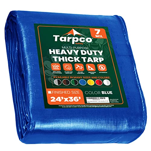 Tarpco Safety Heavy Duty 7 Mil Tarp Cover, Waterproof, UV Resistant, Rip and Tear Proof, Poly Tarpaulin with Reinforced Edges for Roof, Camping, Patio, Pool Cover, Boat (Blue 24 X 36)