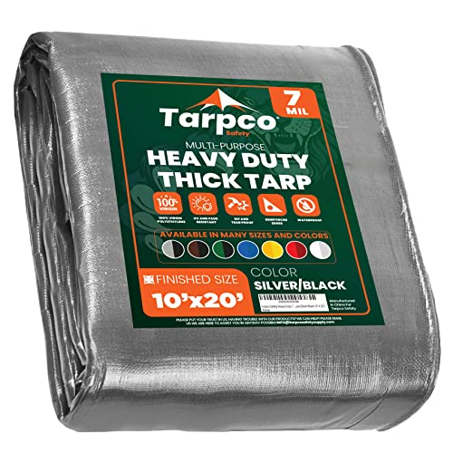Tarpco Safety Heavy Duty 7 Mil Tarp Cover, Waterproof, UV Resistant, Rip and Tear Proof, Poly Tarpaulin with Reinforced Edges for Roof, Camping, Patio, Pool Cover, Boat (Silver/Black 10 X 20)