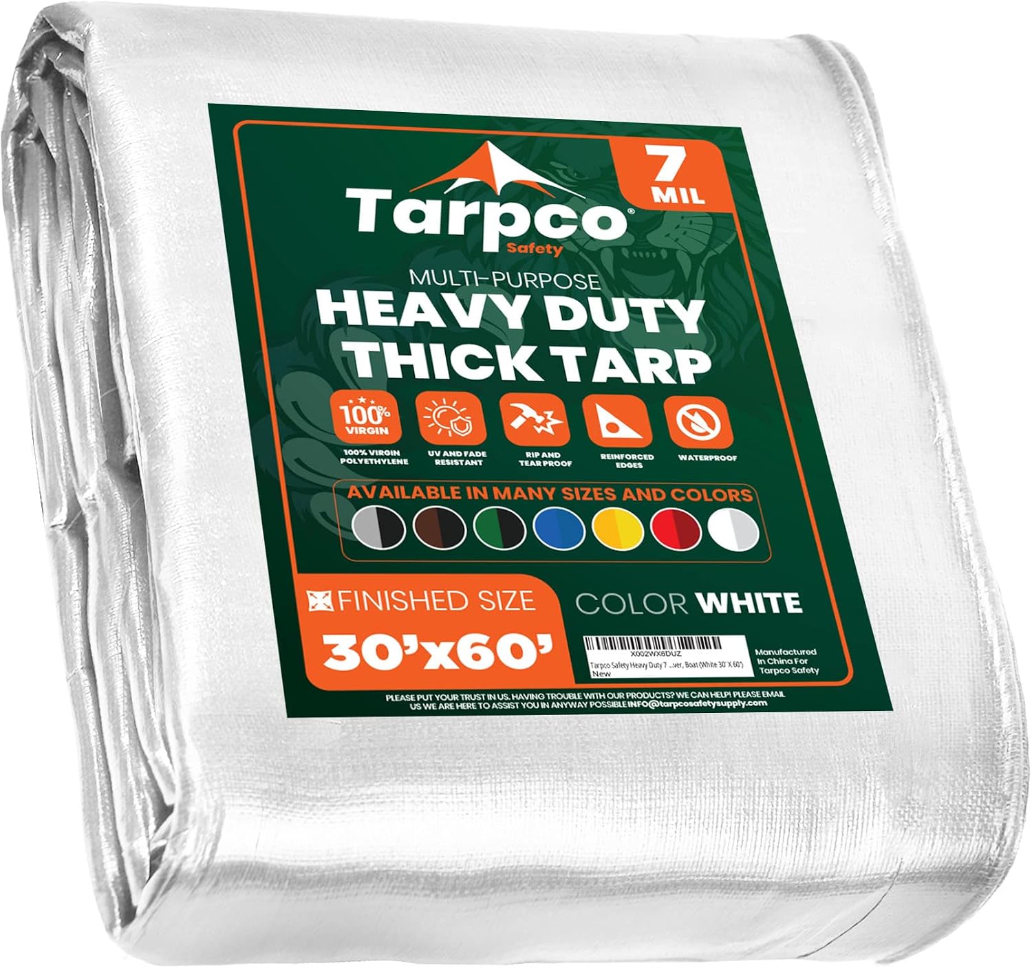 Tarpco Safety Heavy Duty 7 Mil Tarp Cover, Waterproof, UV Resistant, Rip and Tear Proof, Poly Tarpaulin with Reinforced Edges for Roof, Camping, Patio, Pool Cover, Boat (White 30 X 60)