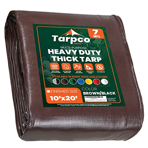 Tarpco Safety Heavy Duty 7 Mil Tarp Cover, Waterproof, UV Resistant, Rip and Tear Proof, Poly Tarpaulin with Reinforced Edges for Roof, Camping, Patio, Pool Cover, Boat (Brown/Black 10 X 20)