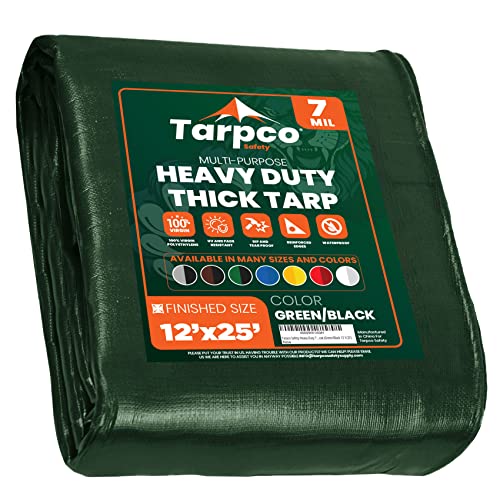 Tarpco Safety Heavy Duty 7 Mil Tarp Cover, Waterproof, UV Resistant, Rip and Tear Proof, Poly Tarpaulin with Reinforced Edges for Roof, Camping, Patio, Pool Cover, Boat (Green/Black 12 X 25)