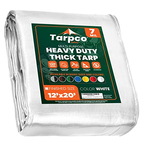 Tarpco Safety Heavy Duty 7 Mil Tarp Cover, Waterproof, UV Resistant, Rip and Tear Proof, Poly Tarpaulin with Reinforced Edges for Roof, Camping, Patio, Pool Cover, Boat (White 12 X 20)