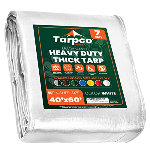Tarpco Safety Heavy Duty 7 Mil Tarp Cover, Waterproof, UV Resistant, Rip and Tear Proof, Poly Tarpaulin with Reinforced Edges for Roof, Camping, Patio, Pool Cover, Boat (White 40 X 60)