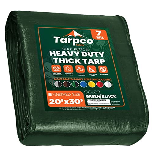Tarpco Safety Heavy Duty 7 Mil Tarp Cover, Waterproof, UV Resistant, Rip and Tear Proof, Poly Tarpaulin with Reinforced Edges for Roof, Camping, Patio, Pool Cover, Boat (Green/Black 20 X 30)