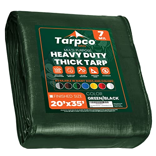 Tarpco Safety Heavy Duty 7 Mil Tarp Cover, Waterproof, UV Resistant, Rip and Tear Proof, Poly Tarpaulin with Reinforced Edges for Roof, Camping, Patio, Pool Cover, Boat (Green/Black 20 X 35)