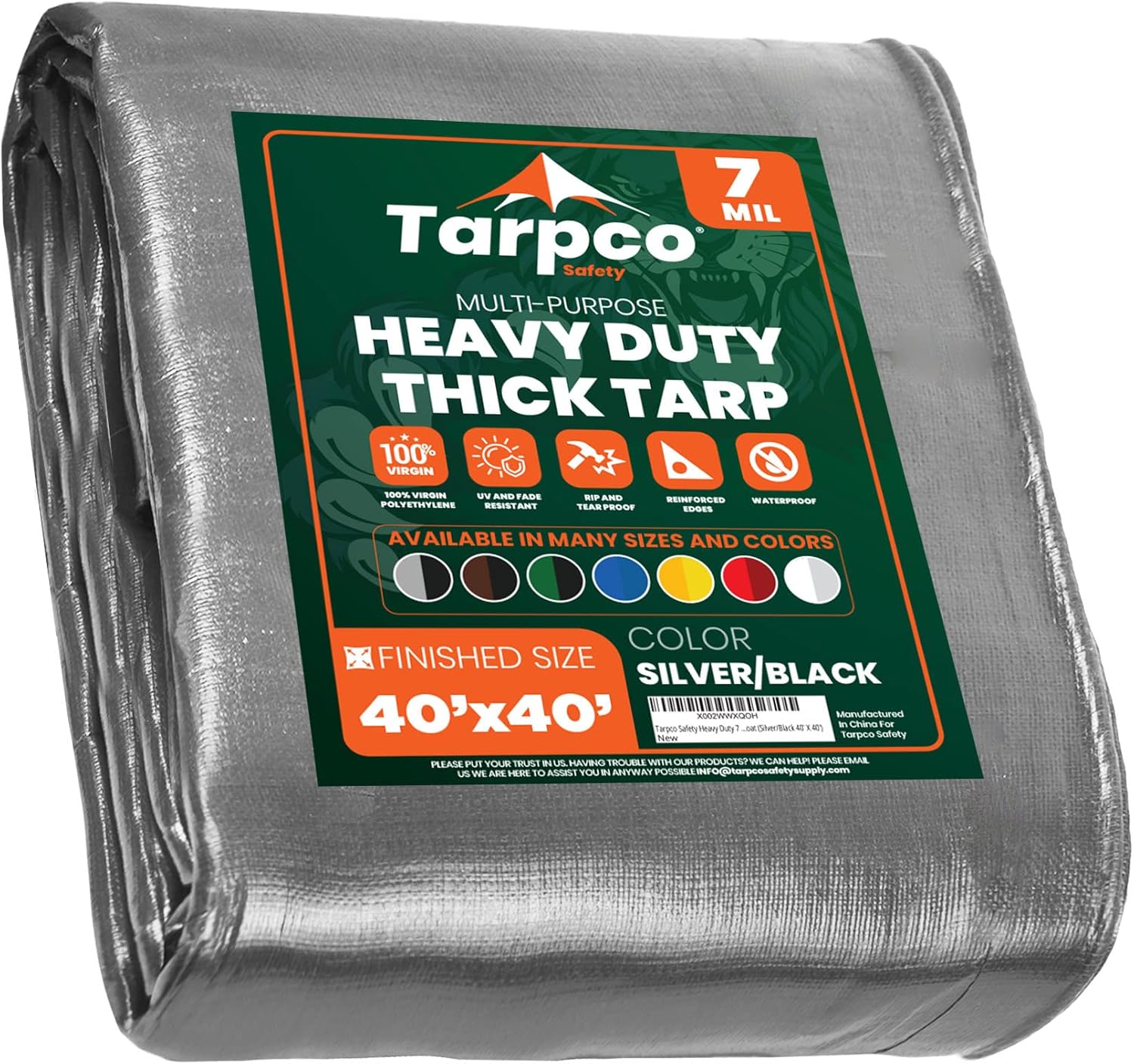 Tarpco Safety Heavy Duty 7 Mil Tarp Cover, Waterproof, UV Resistant, Rip and Tear Proof, Poly Tarpaulin with Reinforced Edges for Roof, Camping, Patio, Pool Cover, Boat (Silver/Black 40 X 40)