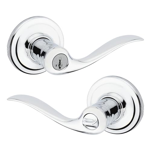 Kwikset Tustin Entry Door Handle with Lock and Key, Secure Keyed Reversible Lever Exterior, Doorlock, For Front Entrance and Bedrooms, Polished Chrome, Pick Resistant Smartkey Rekey Security