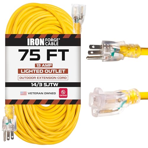 Iron Forge Cable Weatherproof 75 Ft Outdoor Extension Cord - 14/3 SJTW 13 Amp Heavy Duty Yellow Extension Cord 3 Prong - Lighted End