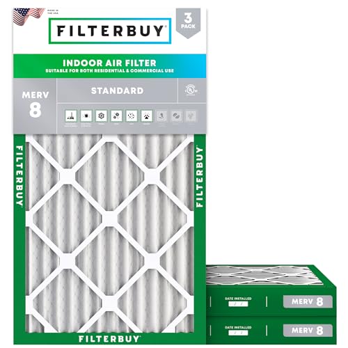 Filterbuy 20x36x2 Air Filter MERV 8 Essential Dust & Allergy Defense (3-Pack), Electrostatic Pleated HVAC AC Furnace Filters Replacement, Made in USA (Actual Size: 19.50 x 35.50 x 1.75)