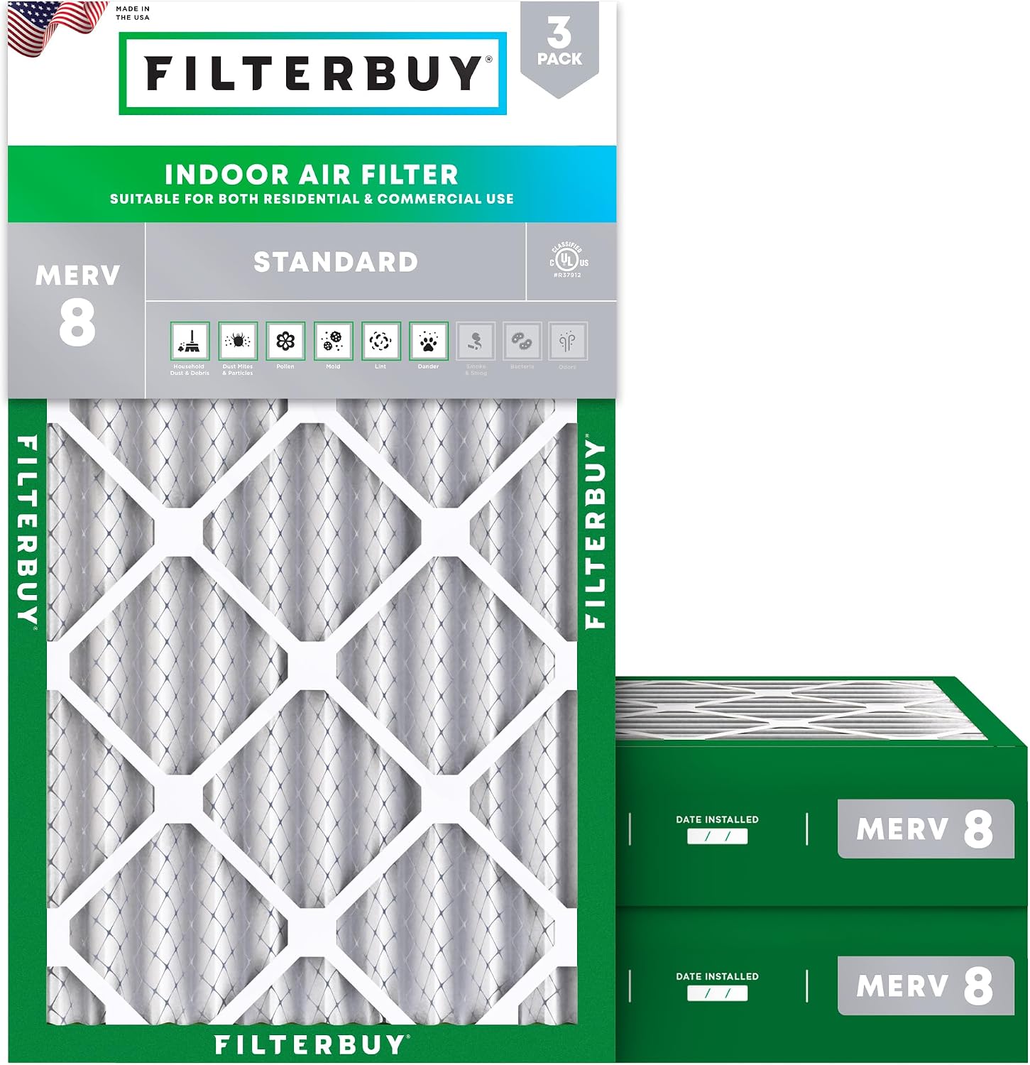 Filterbuy 16x25x4 Air Filter MERV 8 Essential Dust & Allergy Defense (3-Pack), Electrostatic Pleated HVAC AC Furnace Filters Replacement, Made in USA (Actual Size: 15.50 x 24.50 x 3.63)