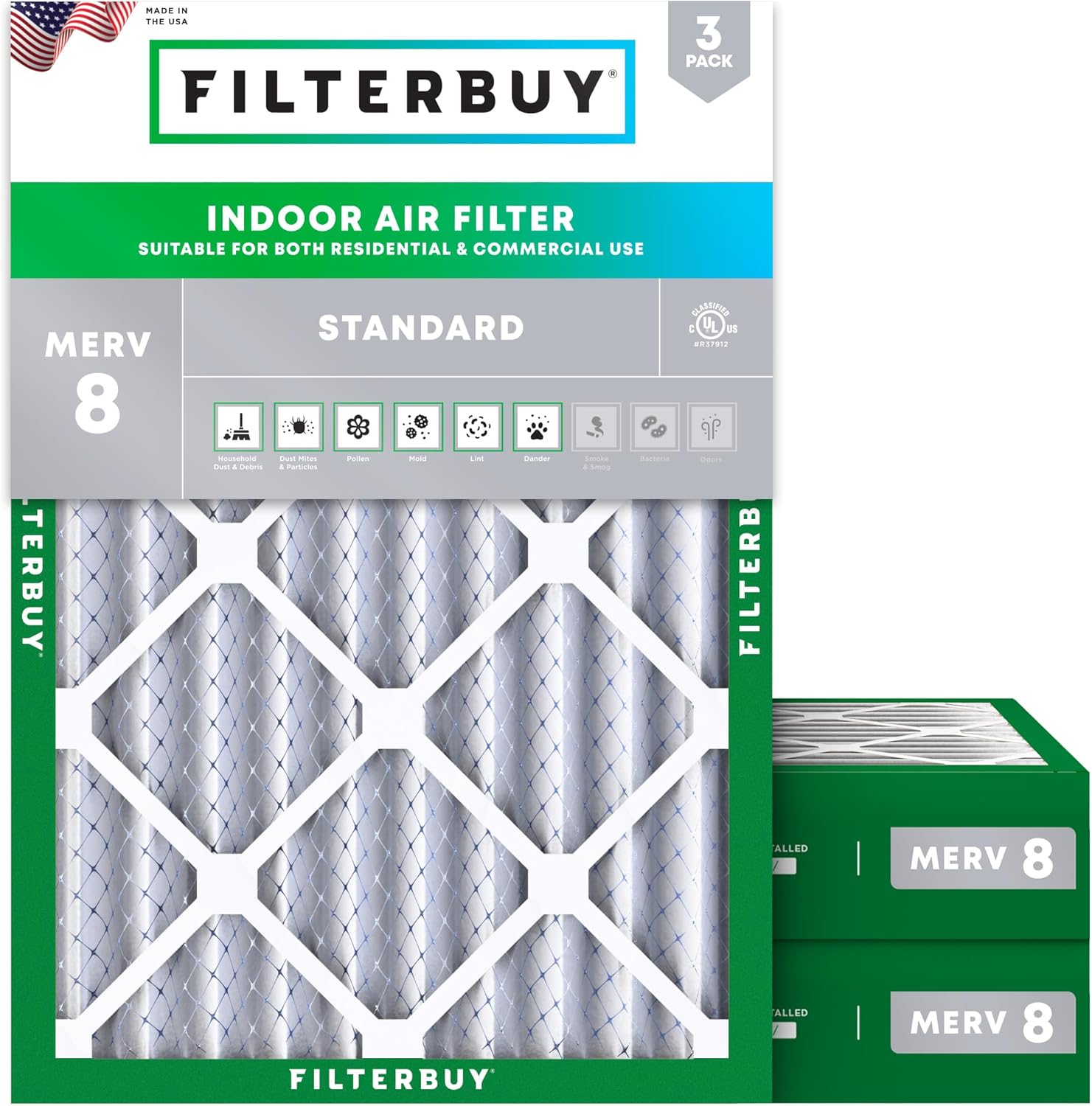 Filterbuy 24x25x4 Air Filter MERV 8 Essential Dust & Allergy Defense (3-Pack), Electrostatic Pleated HVAC AC Furnace Filters Replacement, Made in USA (Actual Size: 23.75 x 24.75 x 3.63)