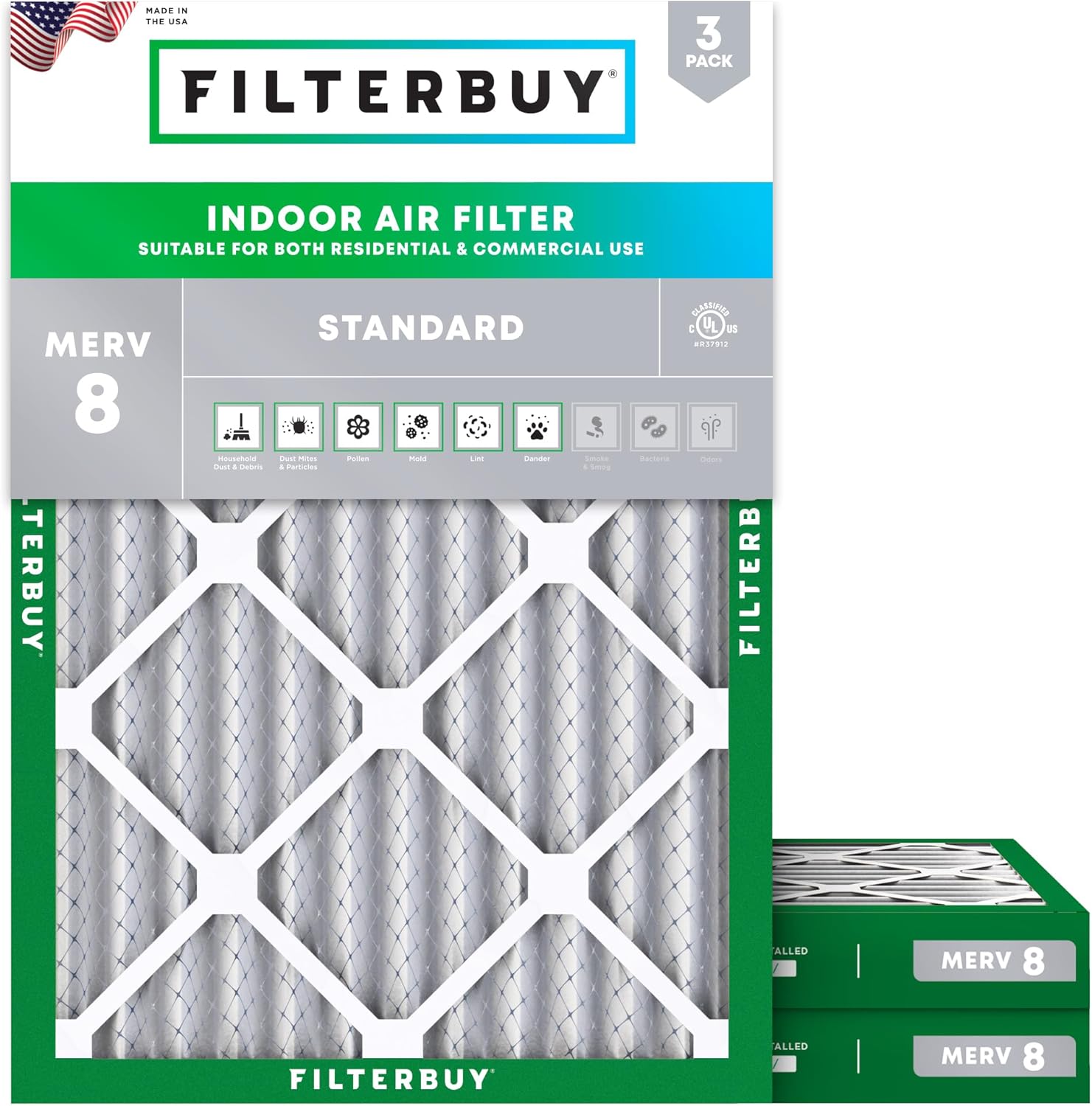 Filterbuy 30x36x2 Air Filter MERV 8 Essential Dust & Allergy Defense (3-Pack), Electrostatic Pleated HVAC AC Furnace Filters Replacement, Made in USA (Actual Size: 29.81 x 35.81 x 1.75)