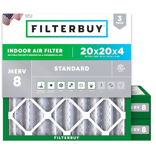 Filterbuy 20x20x4 Air Filter MERV 8 Essential Dust & Allergy Defense (3-Pack), Electrostatic Pleated HVAC AC Furnace Filters Replacement, Made in USA (Actual Size: 19.50 x 19.50 x 3.63)