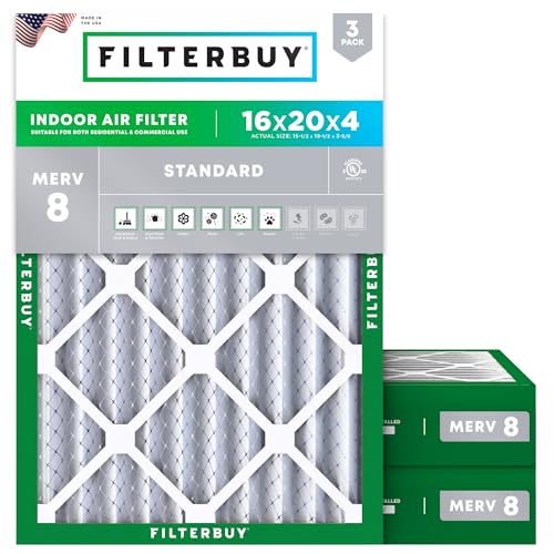 Filterbuy 16x20x4 Air Filter MERV 8 Essential Dust & Allergy Defense (3-Pack), Electrostatic Pleated HVAC AC Furnace Filters Replacement, Made in USA (Actual Size: 15.50 x 19.50 x 3.63)