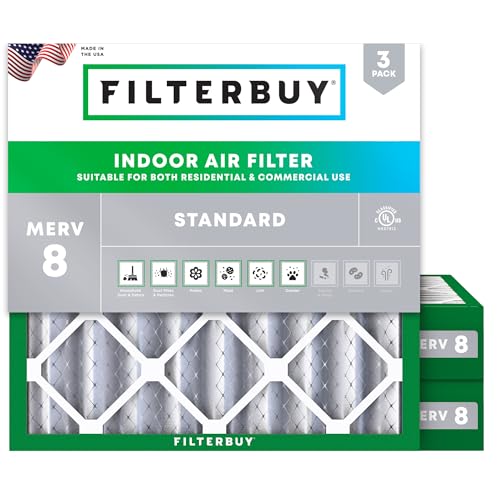 Filterbuy 24x24x4 Air Filter MERV 8 Essential Dust & Allergy Defense (3-Pack), Electrostatic Pleated HVAC AC Furnace Filters Replacement, Made in USA (Actual Size: 23.38 x 23.38 x 3.63)