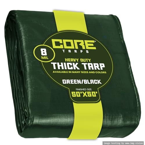 Core Tarps Heavy Duty 8 Mil Tarp Cover, Waterproof, UV Resistant, Rip and Tear Proof, Poly Tarpaulin with Reinforced Edges for Roof, Camping, Patio, Pool, Boat. (Green/Black 50 X 50)