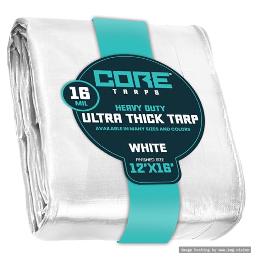 Core Tarps Extra Heavy Duty 16 Mil Tarp Cover, Waterproof, UV Resistant, Rip and Tear Proof, Poly Tarpaulin with Reinforced Edges for Roof, Camping, Patio, Pool, Boat (White 12 X 16)