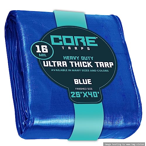 Core Tarps Extra Heavy Duty 16 Mil Tarp Cover, Waterproof, UV Resistant, Rip and Tear Proof, Poly Tarpaulin with Reinforced Edges for Roof, Camping, Patio, Pool, Boat (Blue 25 X 40)