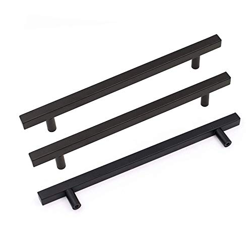 goldenwarm 12 Pack Cabinet Pulls Black Kitchen Cabinet Handles Square Drawer Pulls - LSJ22BK192 Modern T Bar Drawer Handles Matte Black Dresser Hardware, 7-1/2 inch (192mm) Hole Centers