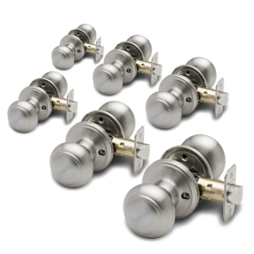 Copper Creek Colonial Passage Interior Door Knob  ANSI Grade-3 Certified, Modern Heavy Duty Handle, Easy Install and Reversible for Bedroom, Bathroom and Closets  Satin Stainless (6 Pack)