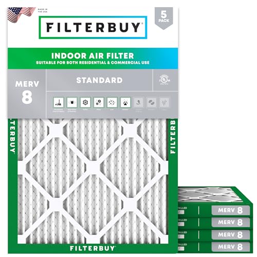 Filterbuy 14x20x1 Air Filter MERV 8 Essential Dust & Allergy Defense (5-Pack), Electrostatic Pleated HVAC AC Furnace Filters Replacement, Made in USA (Actual Size: 13.50 x 19.50 x 0.75)