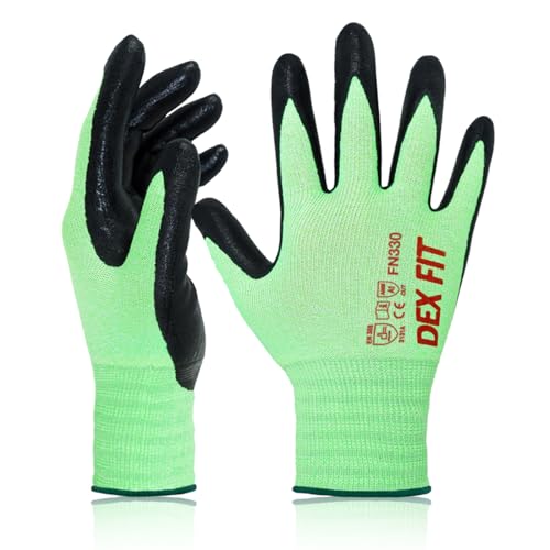 DEX FIT Nitrile Work Gloves FN330, 12 Pairs, 3D-Comfort Stretchy Fit, Firm Grip, Thin & Lightweight, Touch-Screen Compatible, Durable, Breathable & Cool, Machine Washable; Green M (8)