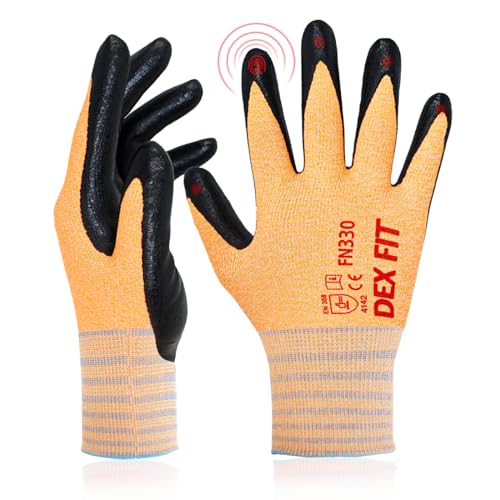 DEX FIT Nitrile Work Gloves FN330, 12 Pairs, 3D-Comfort Stretchy Fit, Firm Grip, Thin & Lightweight, Touch-Screen Compatible, Durable, Breathable & Cool, Machine Washable; Orange L (9)