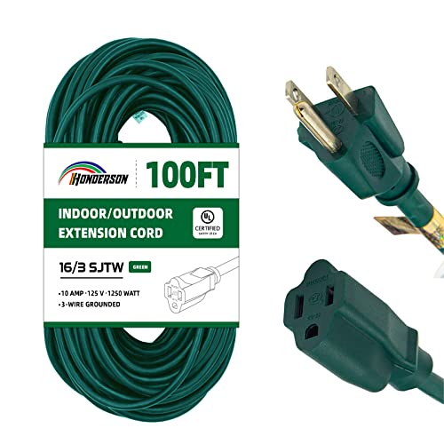 100FT Outdoor Extension Cord-16/3 SJTW Durable Green Extension Cable with 3 Prong Grounded Plug for Safety,Great for Outside Christmas Decorations