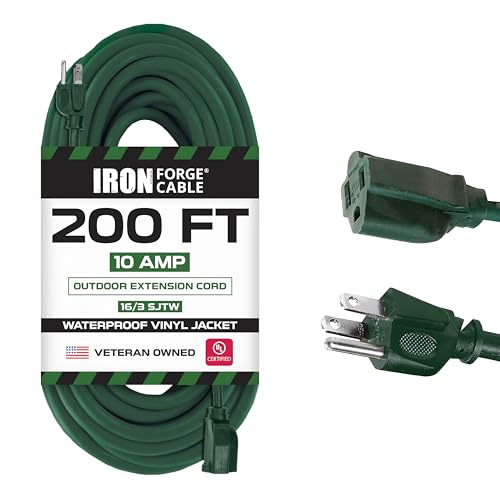 Iron Forge Cable Weatherproof 200 Ft Outdoor Extension Cord - 16/3 SJTW Heavy Duty Green Extension Cord 3 Prong - 10 Amp Exterior Power Cable