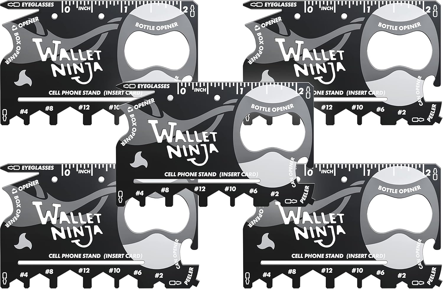 Wallet Ninja Multitool Card  18 in 1 Credit Card Size Multi-Tool for Quick Repairs, EDC Survival Gear, Bottle Opener, Camping  Cool Gadget and Stocking Stuffer  Black (5)