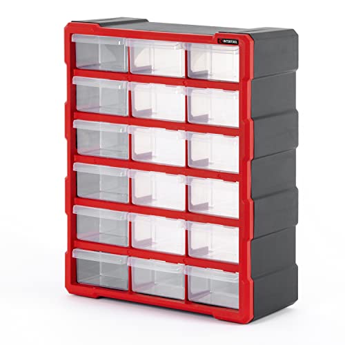 INTERTOOL Small Parts Organizer for Hardware & Screws | 18 Removable Bins with Dividers | Wall Mount or Desktop Craft & Lego Storage Cabinet | 19 x 15 x 7 BX08-4019