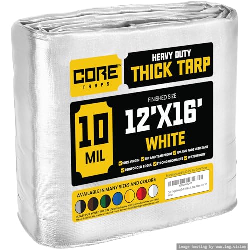Core Tarps Heavy Duty 10 Mil Tarp Cover, Waterproof, UV Resistant, Rip and Tear Proof, Poly Tarpaulin with Reinforced Edges for Roof, Camping, Patio, Pool, Boat (White 12 X 16)