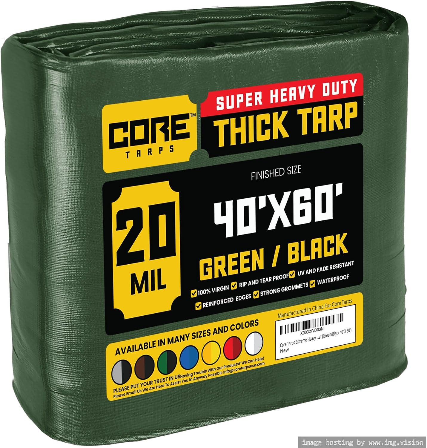Core Tarps Extreme Heavy Duty 20 Mil Tarp Cover, Waterproof, UV Resistant, Rip and Tear Proof, Poly Tarpaulin with Reinforced Edges for Roof, Camping, Patio, Pool, Boat (Green/Black 40 X 60)